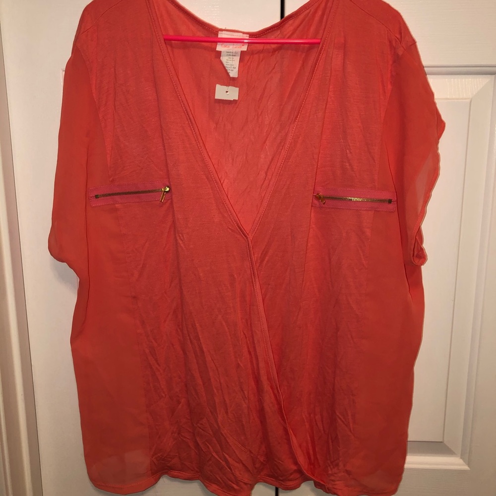 EUC Coco Love FauxWrap Mixed Media Coral Top Sz 3x